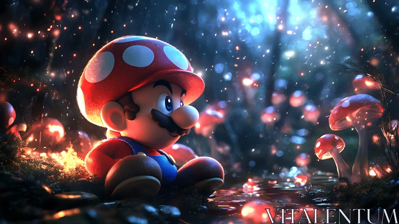 Mushroom-suited character in luminous fantasy forest environment.