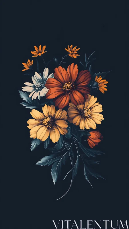 Warm Bouquet: Orange, Red and Golden Daisy Cluster on Dark Background