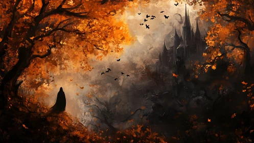 Cloaked figure in autumn forest facing distant gothic castle