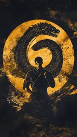 Martial artist silhouette with coiled dragon emblem background.