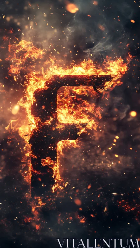 Letter F Engulfed in Inferno Flames and Particle Emission.