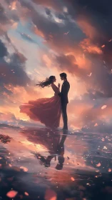 A Couple's Enchanted Moment Under the Glowing Sunset Sky.