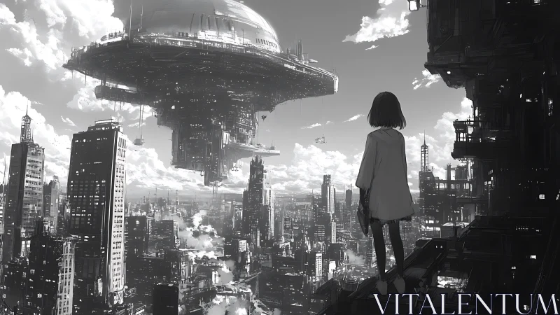 Solitary figure observing large floating structure above city.