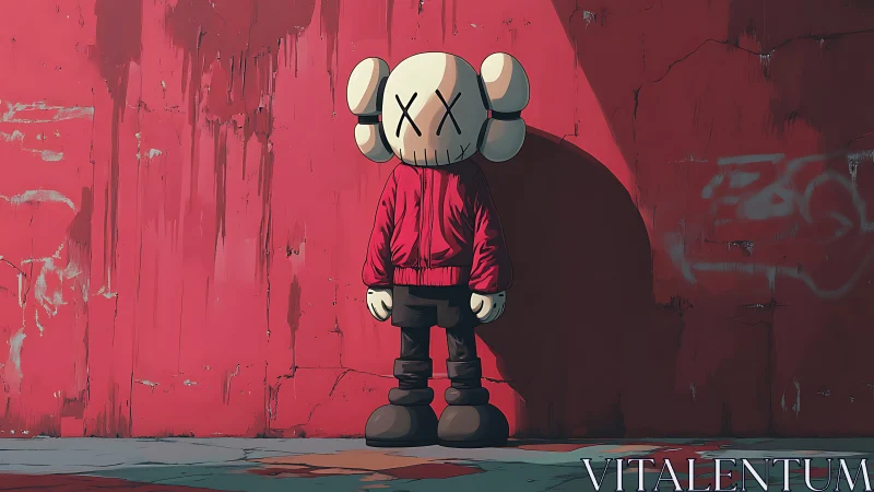 Lonely cartoon figure in red jacket against peeling wall.