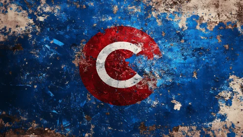 Weathered circular emblem on distressed blue painted surface