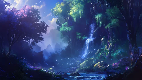 Luminescent Canyon with Waterfall in Mystical Forest Environment