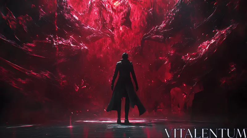 Lone wanderer stands before a glowing crimson cosmic rift