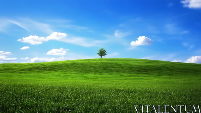 Solitary tree crowns vibrant green hill beneath clear sky.