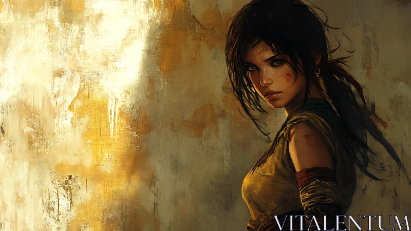 Defiant desert wanderer resting in golden shadowed light.