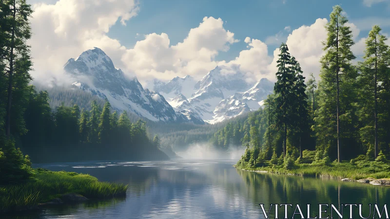 Snowpeak guardians listen quietly to the mirrored forest lake