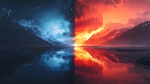 Dreamlike fire and ice horizon over mirrored mountain lake.