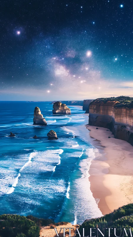 Starlit ocean cliffs under vibrant galactic night sky.