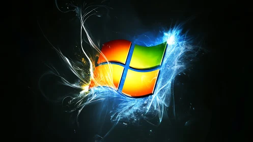 Windows logo with electric neon energy burst on black background.