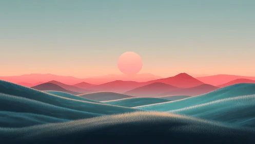 Soft sun drifts above teal dunes and peach distant peaks