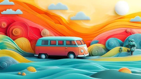 Retro van in stylized layered landscape at sunrise.