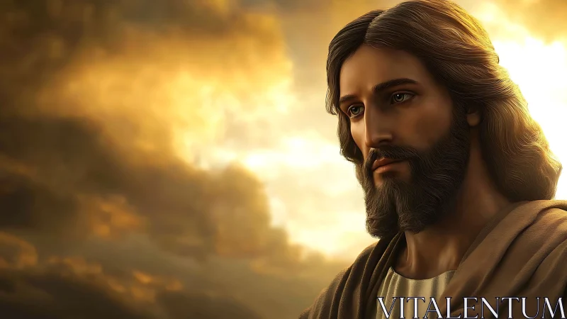 Serene robed man rendered against glowing golden sky