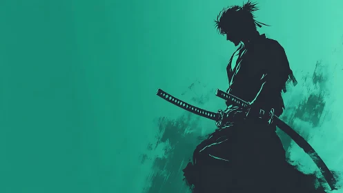 Silhouetted swordsman with twin katanas on teal field.