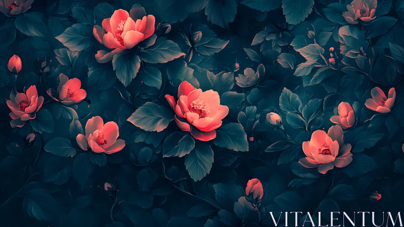 Coral Peonies Bloom Against Deep Teal Foliage.