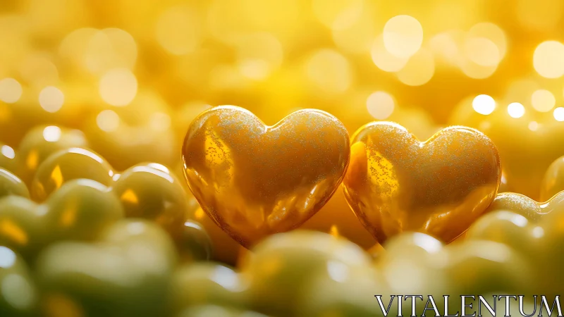 Golden Heart Pair Against Bokeh Background.
