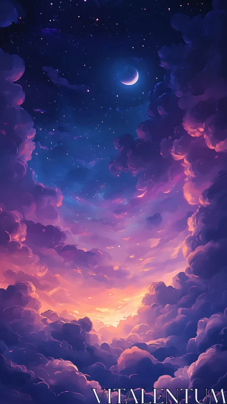 Dreamlike crescent moon glows above luminous nebula clouds