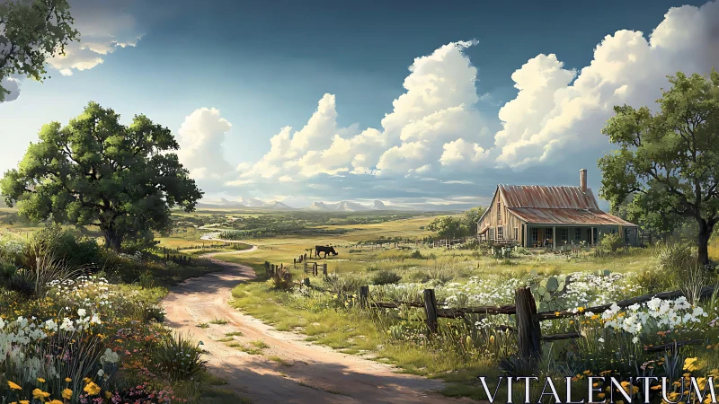 Sunlit country homestead under sweeping summer clouds.