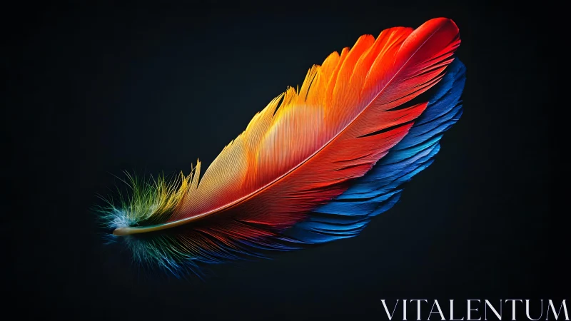 Vibrant Multicolored Feather on Black Background, Digital Art Style.