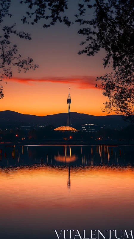 Telecommunications tower above lake at orange dusk horizon.