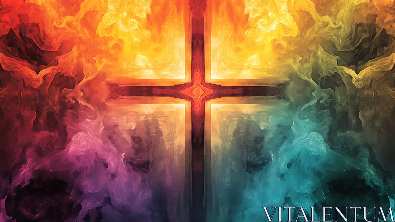 Radiant cross glows amid swirling fiery and cool clouds.