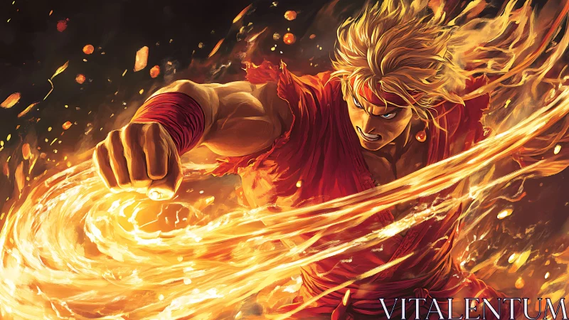 Fiery martial artist unleashing explosive swirling punch.