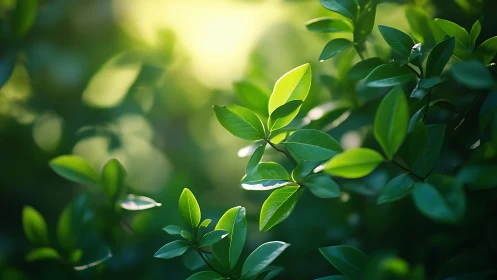 Sunlit Green Leaves in Soft Focus Nature Photography Style.