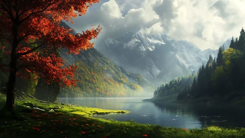 Golden mountain lake glows beneath dramatic autumn skies