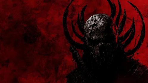 Dark armored skull figure on red textured background