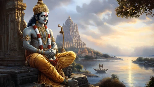 Serene riverfront deity watching golden dawn over temples.