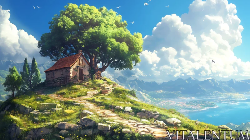 Hilltop cottage beneath ancient tree overlooking mountain valley