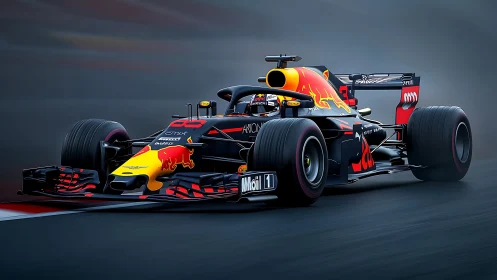 Scarlet-bolted Formula racer knifes through graphite dusk.