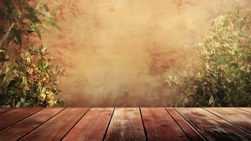 Sunlit rustic table framed by gentle garden greenery.