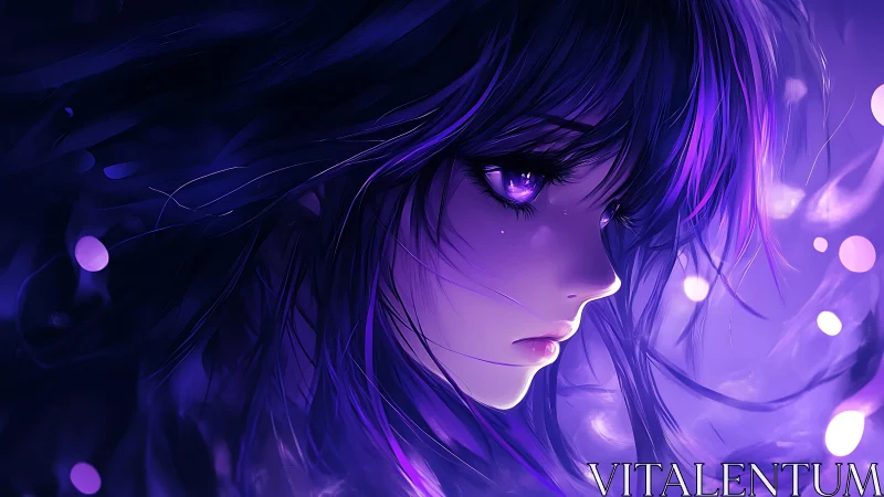 Violet-lit anime portrait isolates melancholic profile in glow