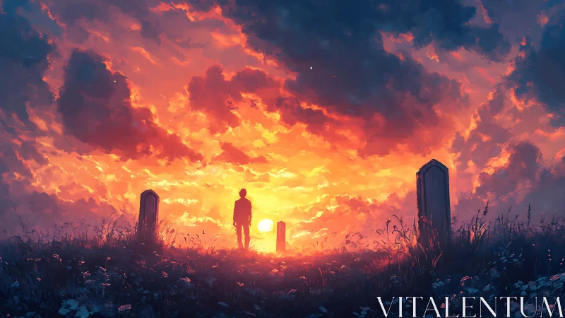 Silhouette stands between gravestones under intense sunset sky