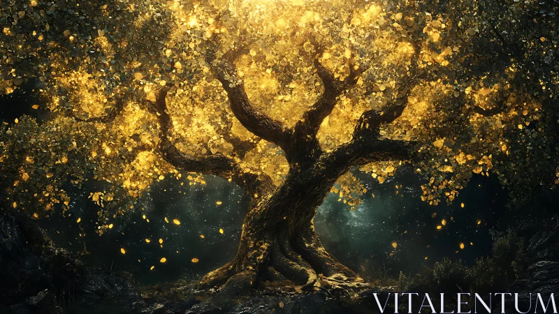 Golden dreamtree glowing gently in a quiet twilight grove.