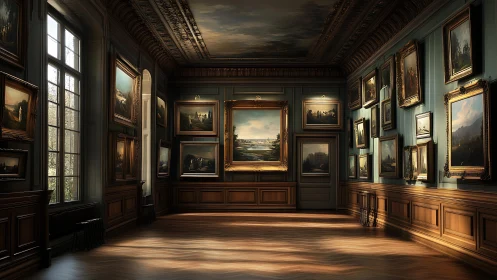 High-fidelity digital gallery interior with framed landscapes.