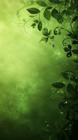 Luminous green foliage border over misty abstract field.