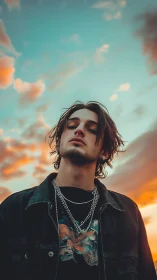 Young man stands beneath vivid sunset sky in low angle portrait