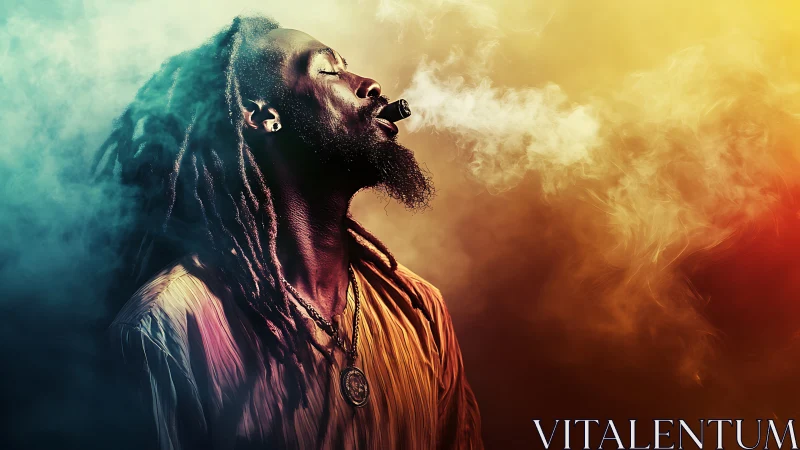 Man exhales smoke amid vivid orange and teal haze backdrop.