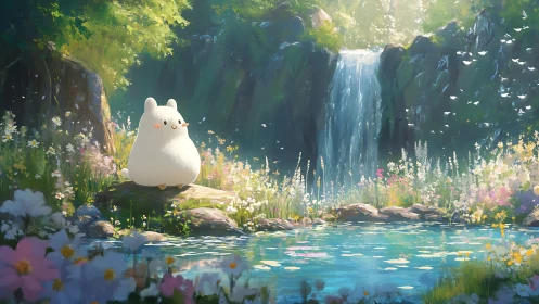 Soft chibi creature beside luminous forest waterfall pond