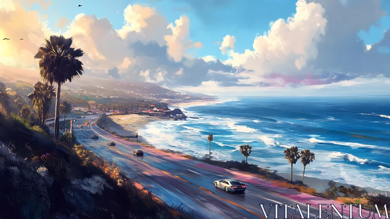 Coastal highway with palm trees beside expansive shoreline.