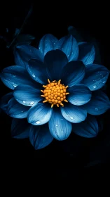 Blue Cosmos Bloom Against Darkness With Golden Center.