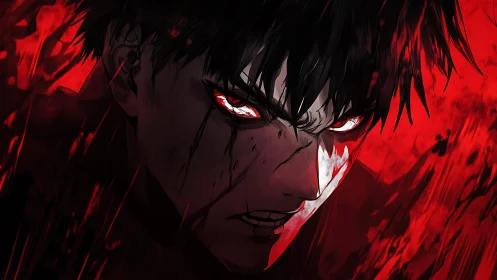 Vengeful anime warrior with glowing eyes in red storm.