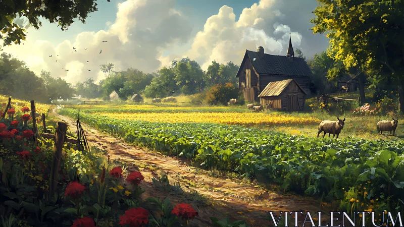 Sunlit country homestead amid blooming summer fields.