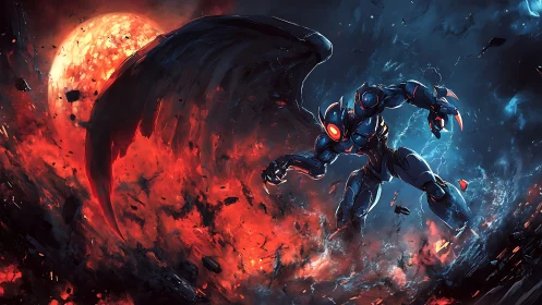 Winged cyber demon storms burning alien battlefield.