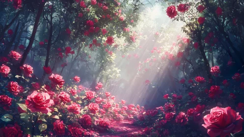 Luminous Rose Garden Path Through Forest Canopy.